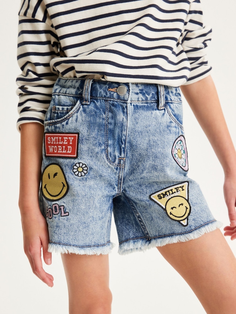 SmileyWorld License Denim Blue Badge Longer Length Frayed Edge Shorts (3-16yrs) - Image 3 of 6