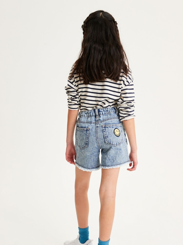 SmileyWorld License Denim Blue Badge Longer Length Frayed Edge Shorts (3-16yrs) - Image 4 of 6