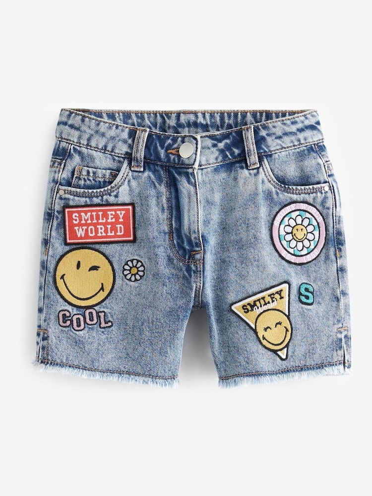 SmileyWorld License Denim Blue Badge Longer Length Frayed Edge Shorts (3-16yrs) - Image 5 of 6