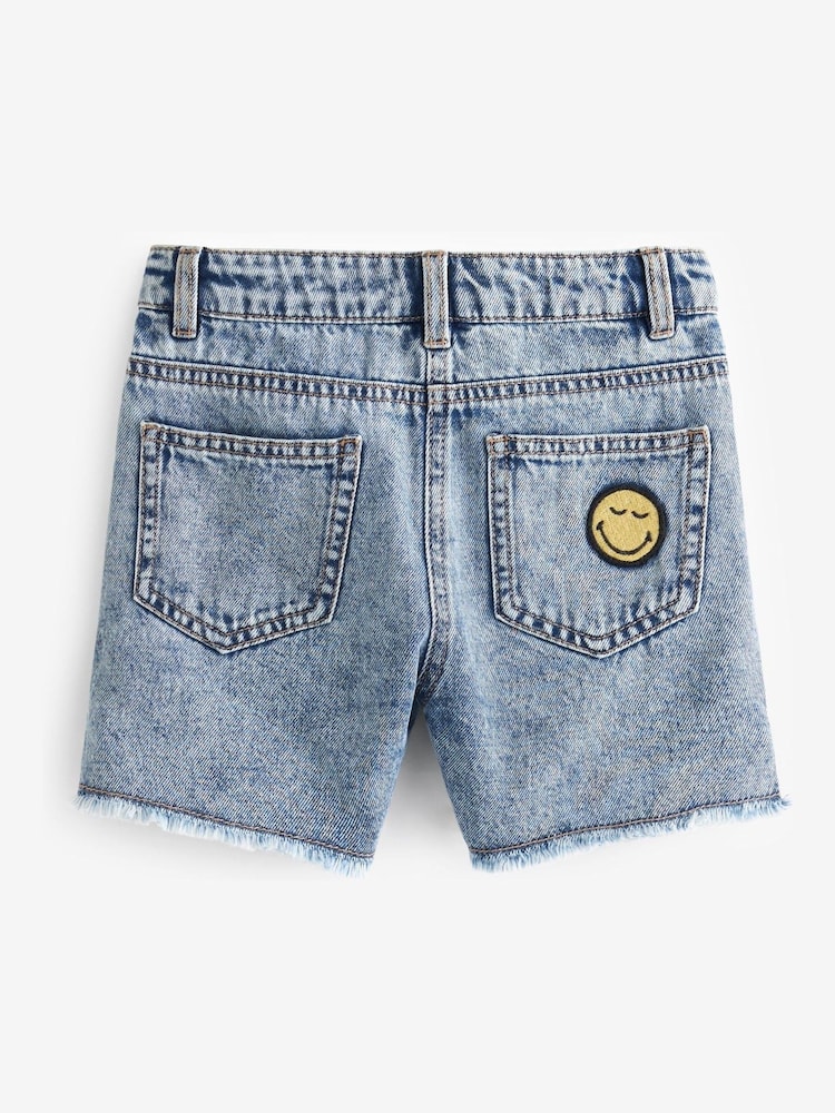 SmileyWorld License Denim Blue Badge Longer Length Frayed Edge Shorts (3-16yrs) - Image 6 of 6