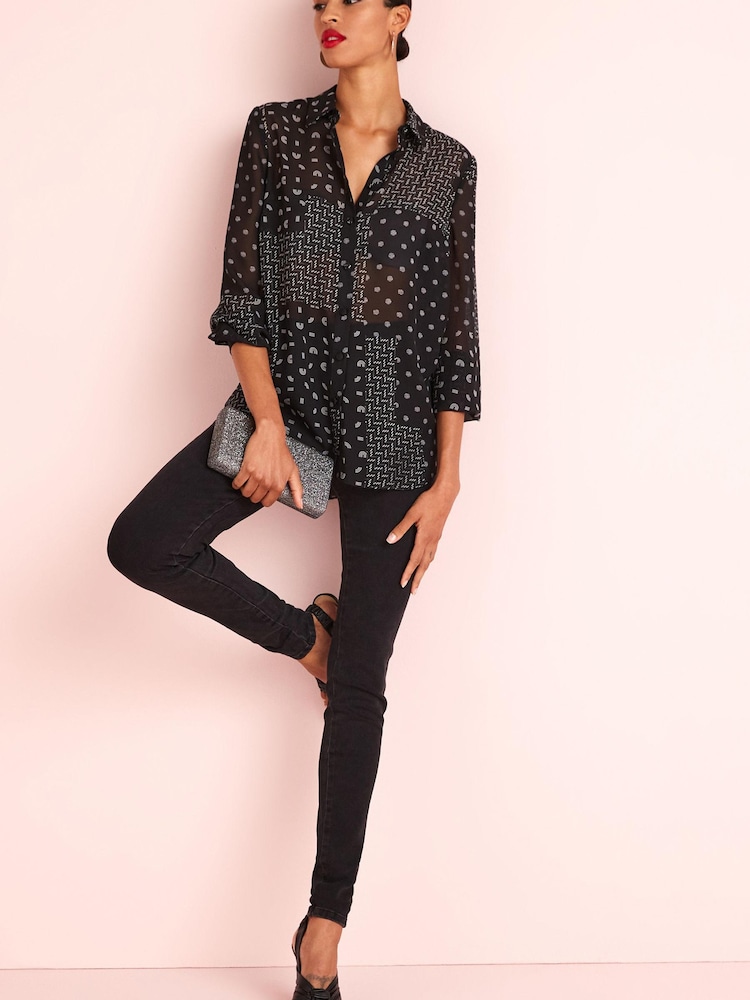 Black/Ecru White Scribble Spot Print Long Sleeve Sheer Shirt - Image 2 of 5