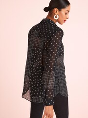 Black/Ecru White Scribble Spot Print Long Sleeve Sheer Shirt - Image 3 of 5