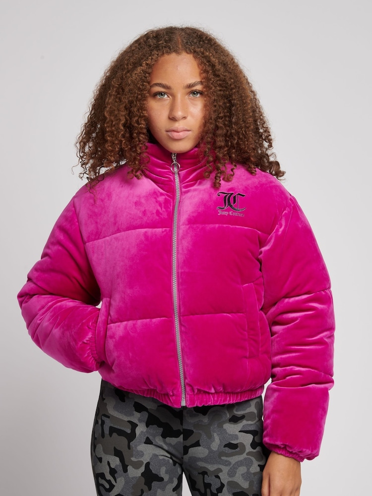 Juicy Couture Pink Velour Puffer Jacket - Image 1 of 8