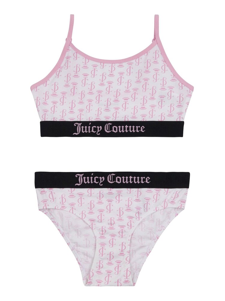 Juicy Couture Juicy White/Pink Printed Bralette & Brief Underwear Set - Image 1 of 2