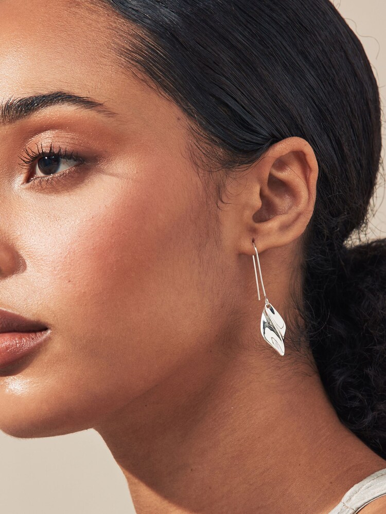 Silver Tone Wave Pull Through Earrings Made with Recycled Metal - Image 1 of 3 Silver Tone Wave Pull Through Earrings Made with Recycled Metal - Image 1 of 3