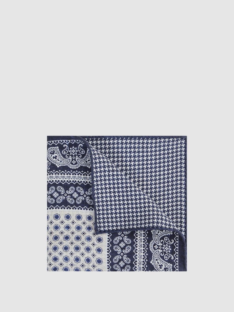 Reiss Navy/Ivory Vivara Reversible Silk Pocket Square - Image 1 of 5