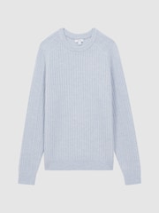 Reiss Soft Blue Melange Millerson Wool-Cotton Textured Crew Neck Jumper - Image 2 of 5