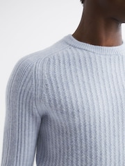 Reiss Soft Blue Melange Millerson Wool-Cotton Textured Crew Neck Jumper - Image 4 of 5
