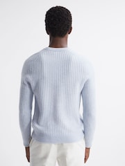 Reiss Soft Blue Melange Millerson Wool-Cotton Textured Crew Neck Jumper - Image 5 of 5
