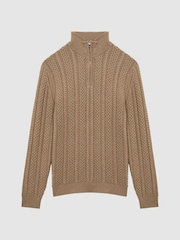 Reiss Camel Bantham Cable Knit Half-Zip Funnel Neck Jumper - Image 2 of 4