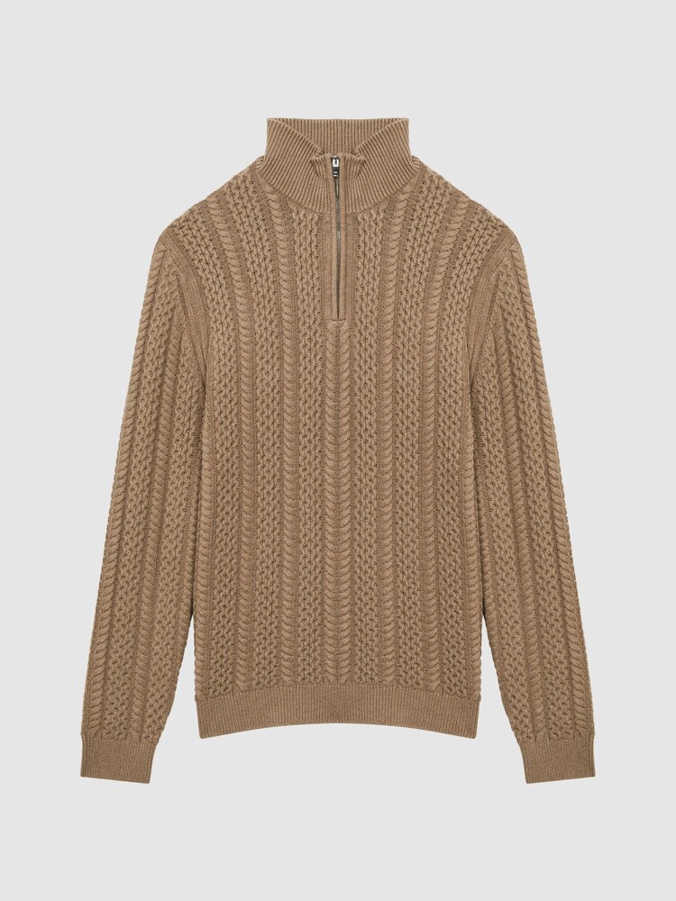 Reiss Camel Bantham Cable Knit Half-Zip Funnel Neck Jumper - Image 2 of 4