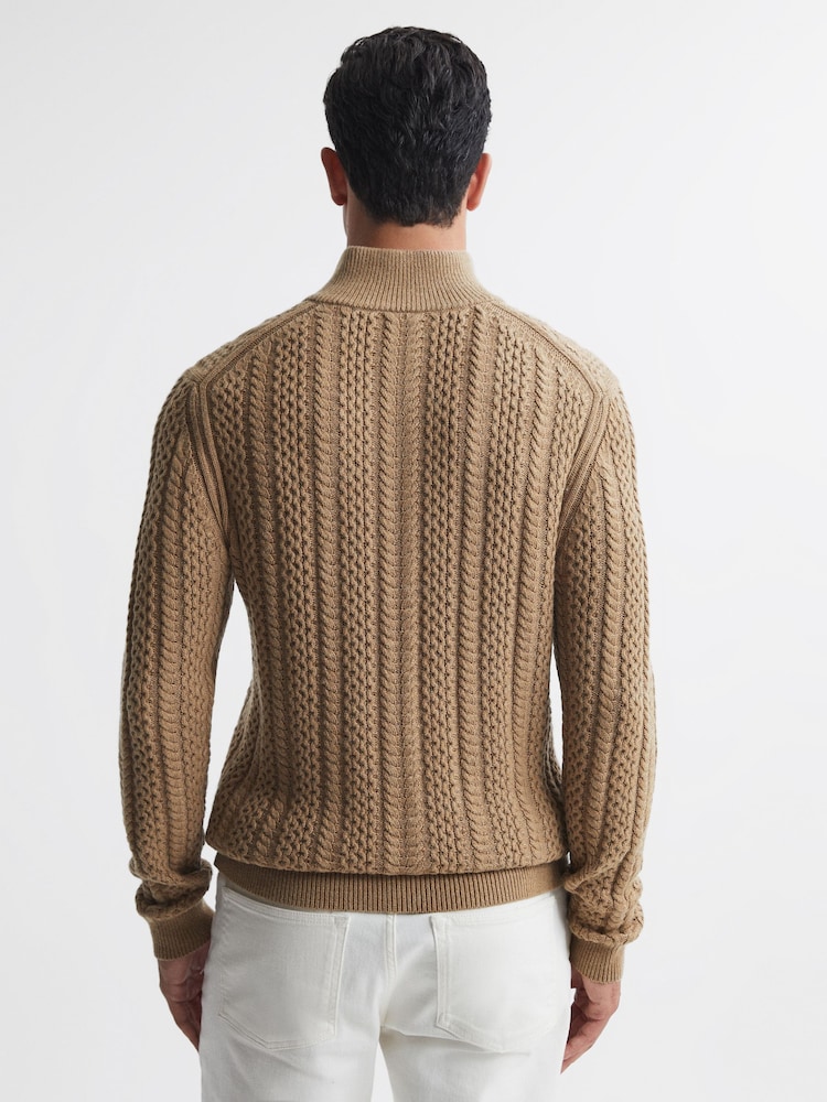 Reiss Camel Bantham Cable Knit Half-Zip Funnel Neck Jumper - Image 4 of 4