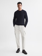 Reiss Navy Arlington Slim Fit Wool-Cotton Cable Knit Jumper - Image 1 of 5