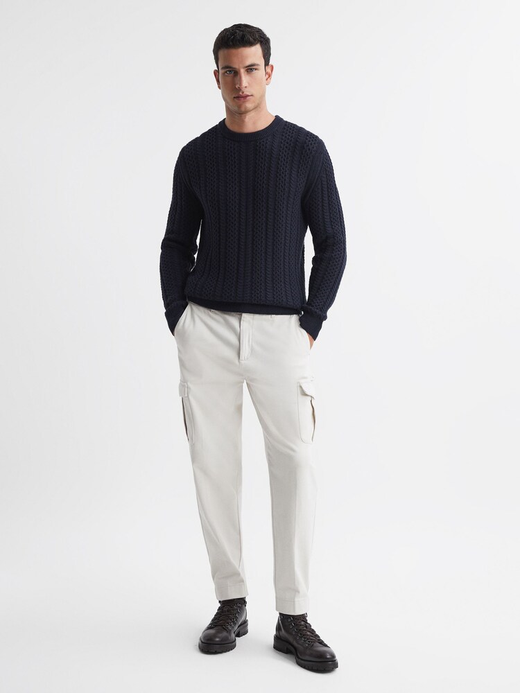Reiss Navy Arlington Slim Fit Wool-Cotton Cable Knit Jumper - Image 1 of 5