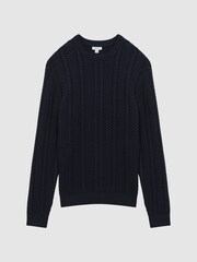 Reiss Navy Arlington Slim Fit Wool-Cotton Cable Knit Jumper - Image 2 of 5