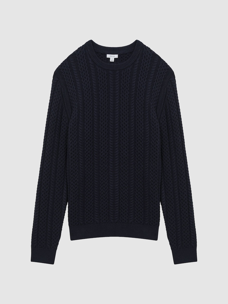 Reiss Navy Arlington Slim Fit Wool-Cotton Cable Knit Jumper - Image 2 of 5