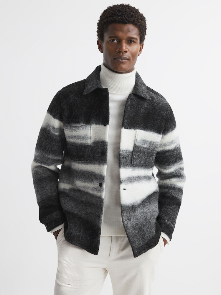 Reiss Black/White Leo Brushed Wool Blend Overshirt - Image 1 of 5