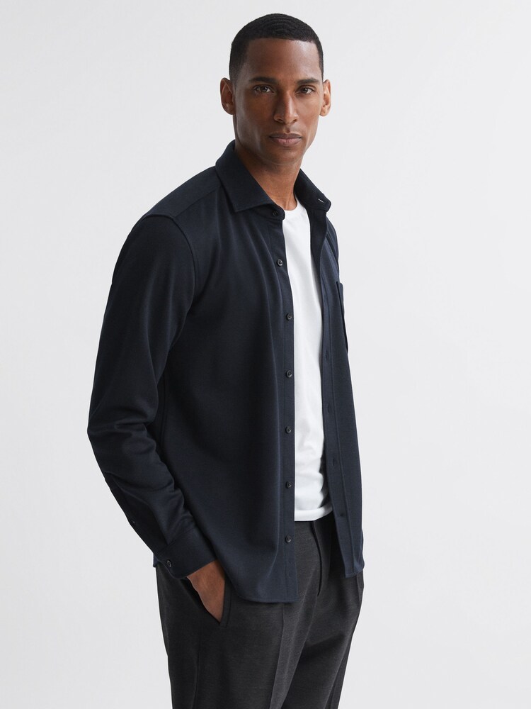 Reiss Navy Moritz Textured Button-Through Overshirt - Image 1 of 5