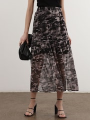 Religion Black Print Tiered Maxi Skirt In Sheer Georgette and Short Lining - Image 2 of 7