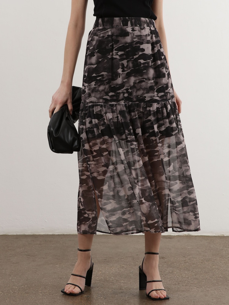 Religion Black Print Tiered Maxi Skirt In Sheer Georgette and Short Lining - Image 2 of 7