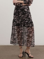 Religion Black Print Tiered Maxi Skirt In Sheer Georgette and Short Lining - Image 4 of 7