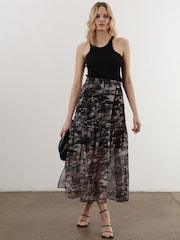 Religion Black Print Tiered Maxi Skirt In Sheer Georgette and Short Lining - Image 6 of 7