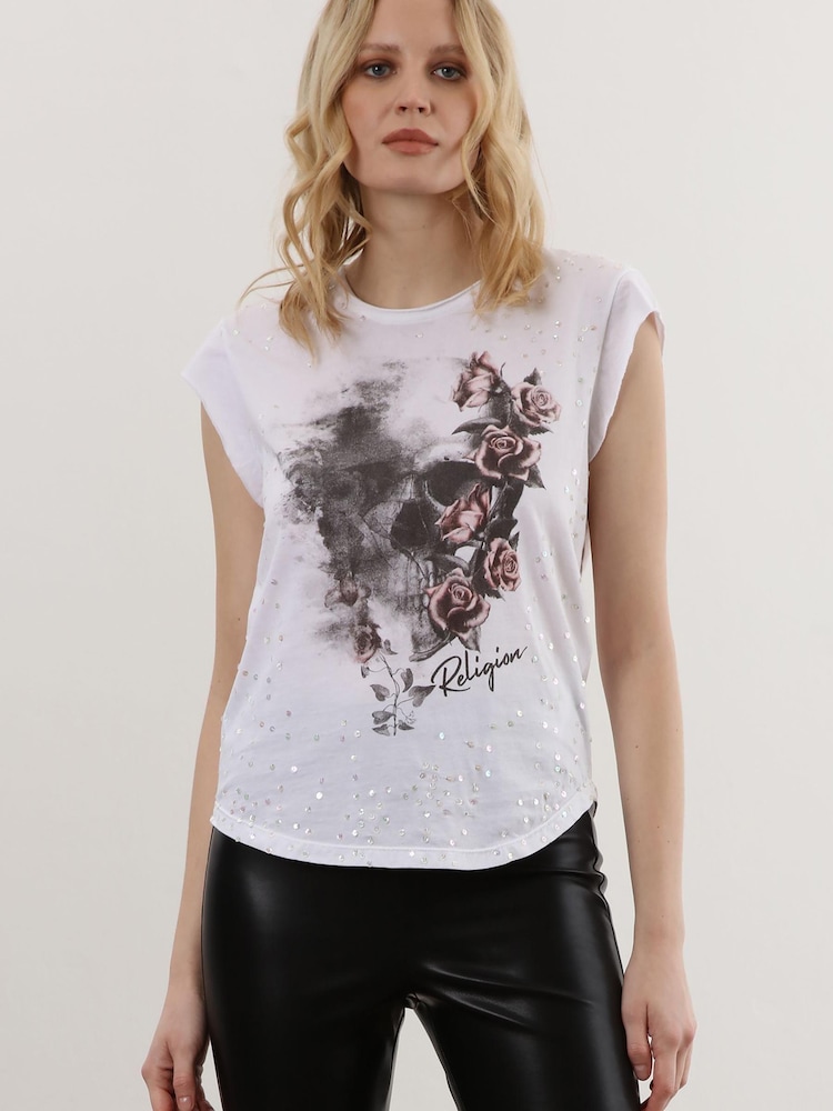 Religion White Cute Change T-Shirt with Cut Work and Beading - Image 1 of 1
