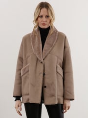 Religion Natural Short Faux Fur Shearling Coat with Shawl Collar - Image 1 of 6