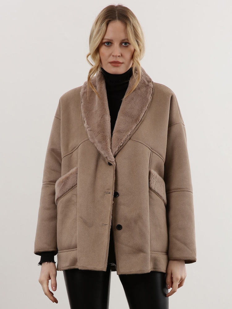 Religion Natural Short Faux Fur Shearling Coat with Shawl Collar - Image 1 of 6