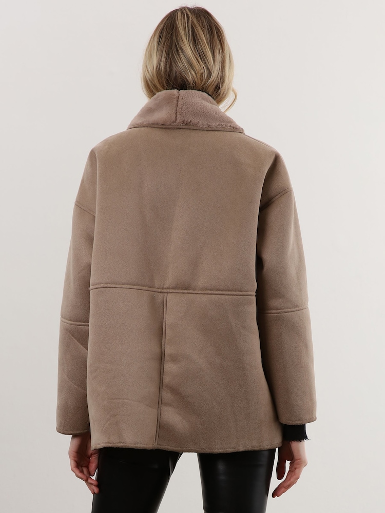 Religion Natural Short Faux Fur Shearling Coat with Shawl Collar - Image 2 of 6