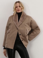 Religion Natural Short Faux Fur Shearling Coat with Shawl Collar - Image 5 of 6