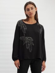 Religion Black Off The Shoulder Top With Hand-Beaded Leaf Motifs - Image 1 of 8
