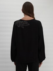Religion Black Off The Shoulder Top With Hand-Beaded Leaf Motifs - Image 2 of 8