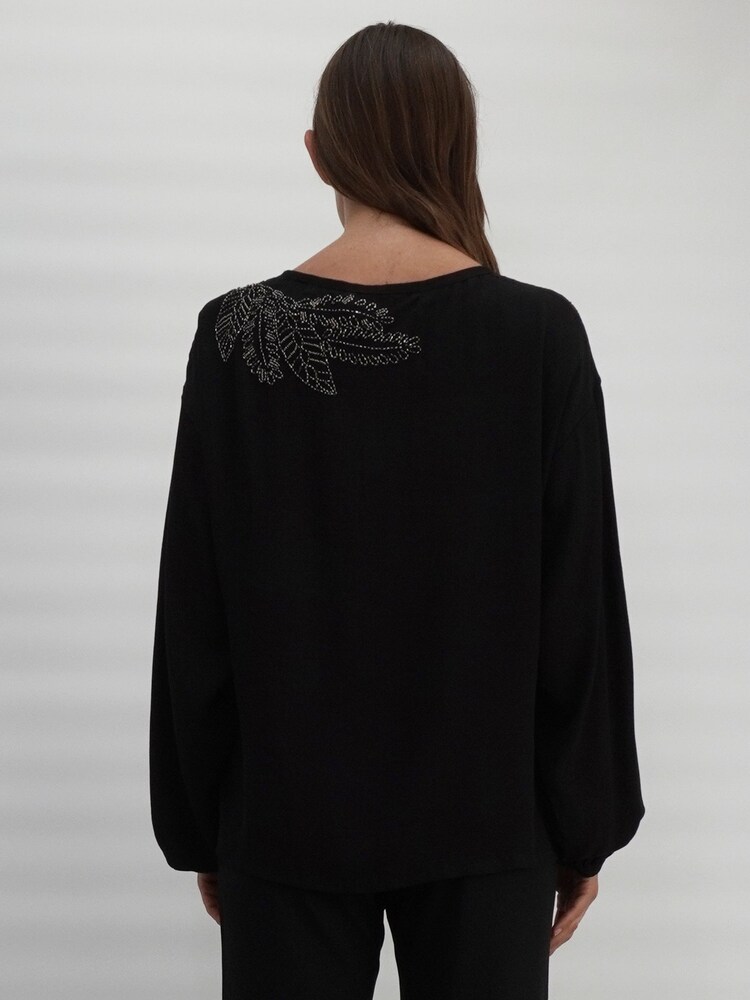 Religion Black Off The Shoulder Top With Hand-Beaded Leaf Motifs - Image 2 of 8