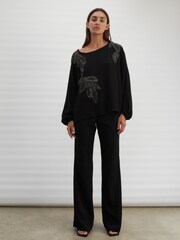 Religion Black Off The Shoulder Top With Hand-Beaded Leaf Motifs - Image 3 of 8