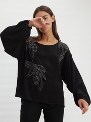 Religion Black Off The Shoulder Top With Hand-Beaded Leaf Motifs - Image 7 of 8