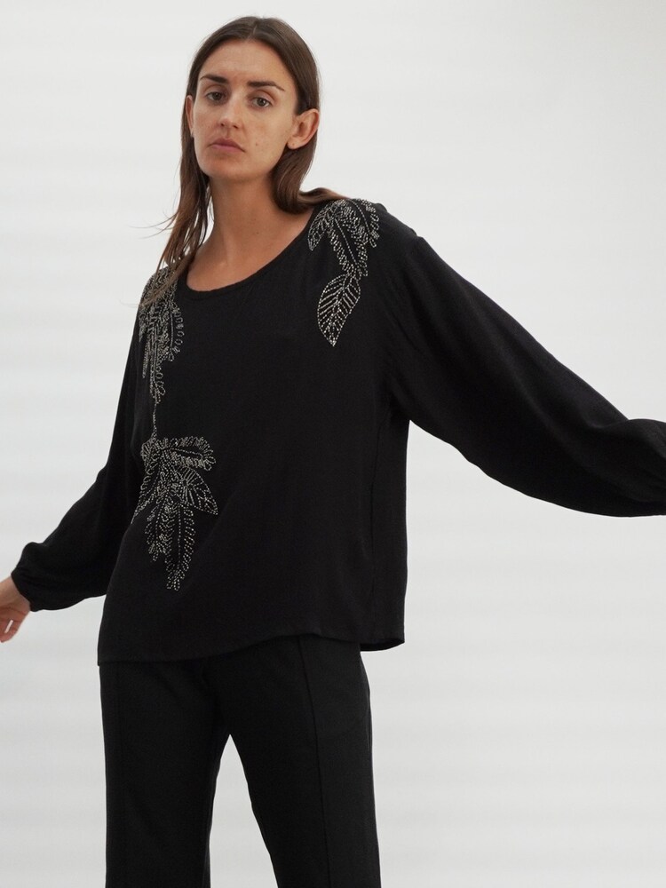 Religion Black Off The Shoulder Top With Hand-Beaded Leaf Motifs - Image 8 of 8