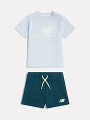 New Balance Light Blue Stacked Graphic Jersey T-Shirt & FT Shorts Set - Image 1 of 4