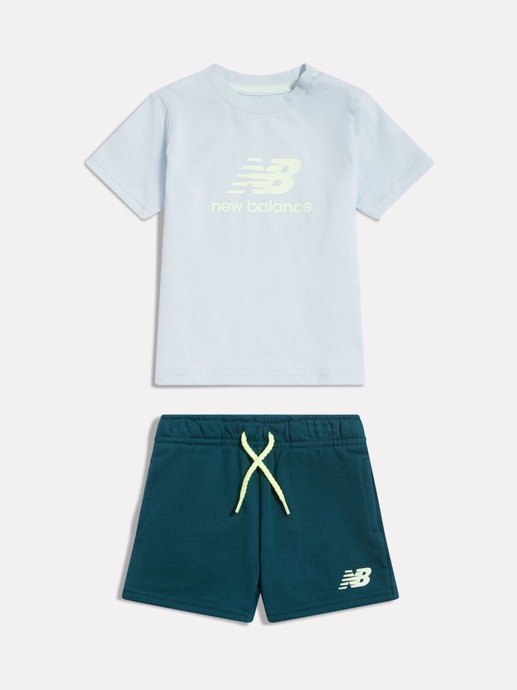 New Balance Light Blue Stacked Graphic Jersey T-Shirt & FT Shorts Set - Image 1 of 4