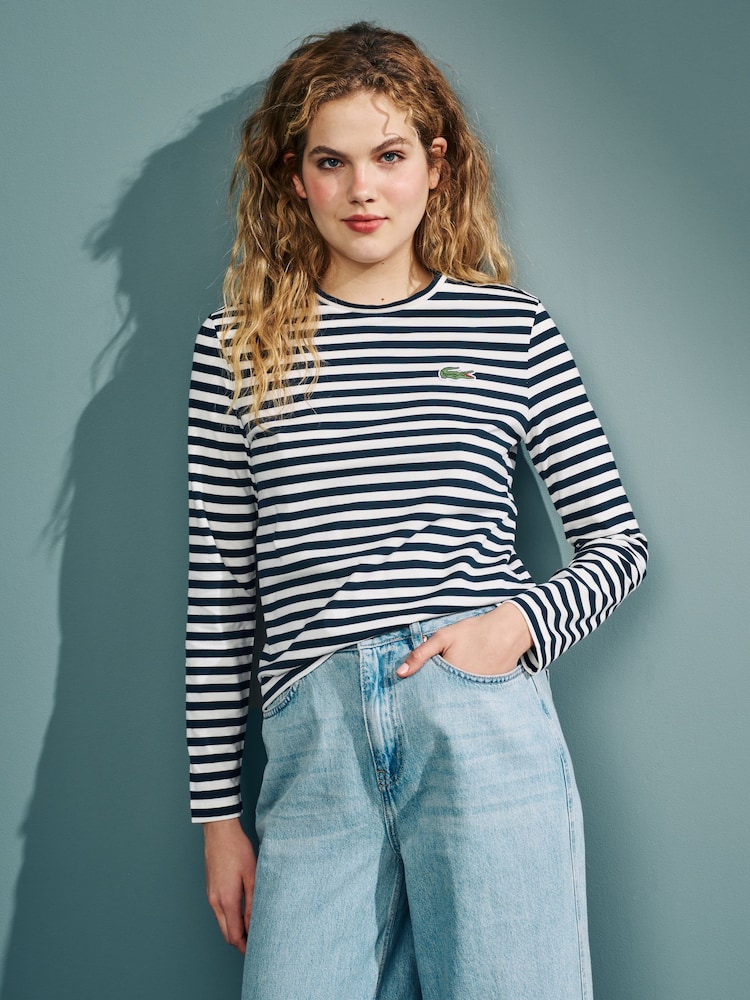 Lacoste Womens White/Navy Striped Jersey T-Shirt - Image 1 of 4
