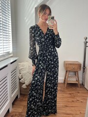 Style Cheat Black Floral Carly Wide Leg Wrap Jumpsuit - Image 1 of 4