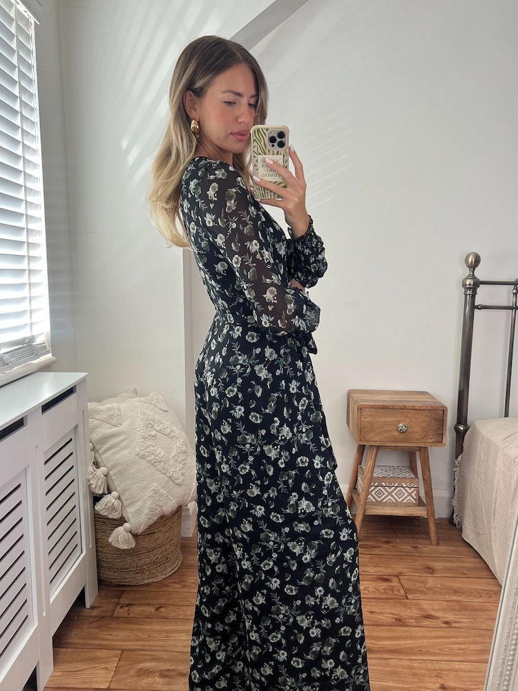 Style Cheat Black Floral Carly Wide Leg Wrap Jumpsuit - Image 2 of 4