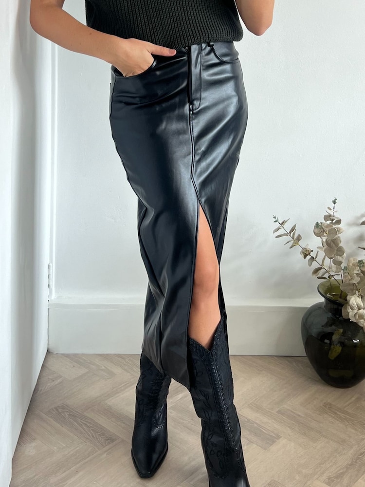 Style Cheat Black Brielle PU Midi Skirt - Image 2 of 4