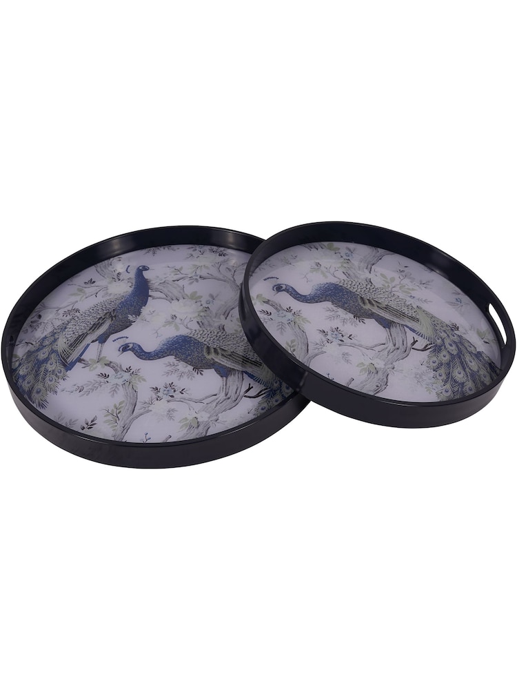 Laura Ashley Set of 2 Blue Belvedere Peacock Print Trays - Image 1 of 3