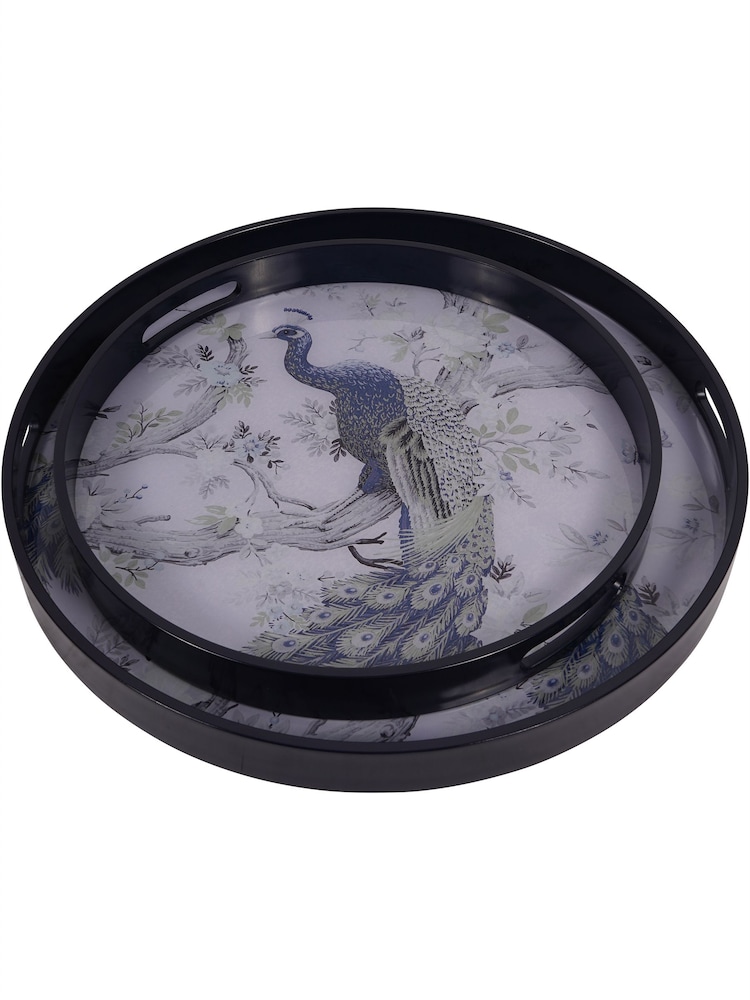 Laura Ashley Set of 2 Blue Belvedere Peacock Print Trays - Image 2 of 3