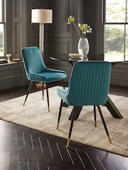 Set of 2 Soft Velvet Teal Blue Piano Non Arm Dining Chairs - Image 1 of 8