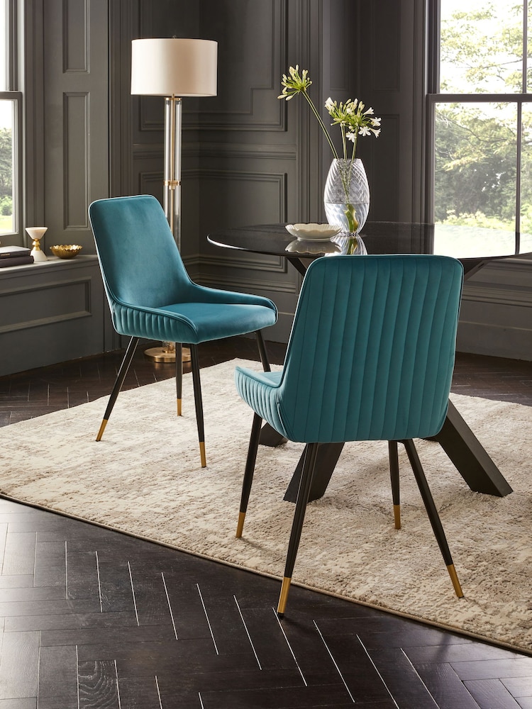 Set of 2 Soft Velvet Teal Blue Piano Non Arm Dining Chairs - Image 1 of 8