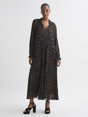 Florere Sheer Metallic Long Sleeve Brown Midi Dress - Image 1 of 6