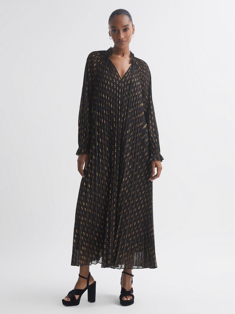 Florere Sheer Metallic Long Sleeve Brown Midi Dress - Image 1 of 6