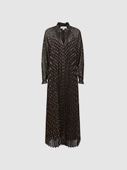 Florere Sheer Metallic Long Sleeve Brown Midi Dress - Image 2 of 6